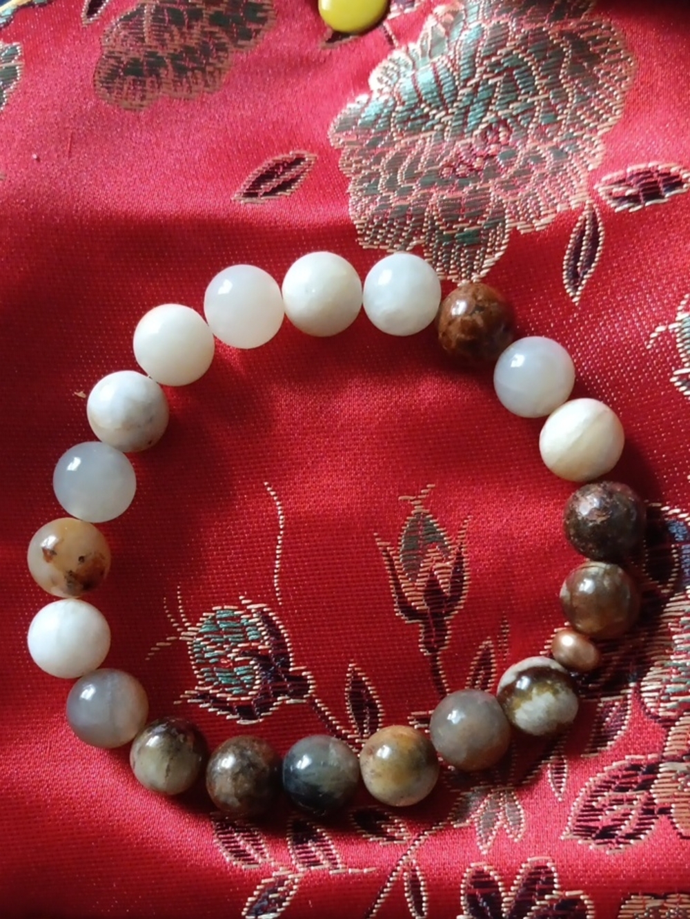 Flower Agate Natural Stone Bead Bracelet - Women 7 Inch